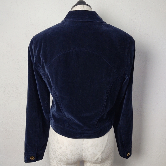 Carlisle Vintage 80's Dark Blue Velvet Cropped Jacket Zip Front Size 8 - Picture 2 of 12